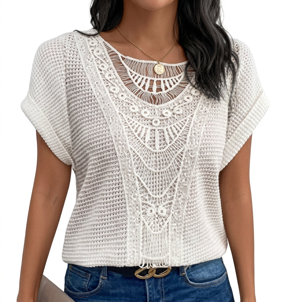 Women’s Elegant Lace Spliced Short Sleeve Top