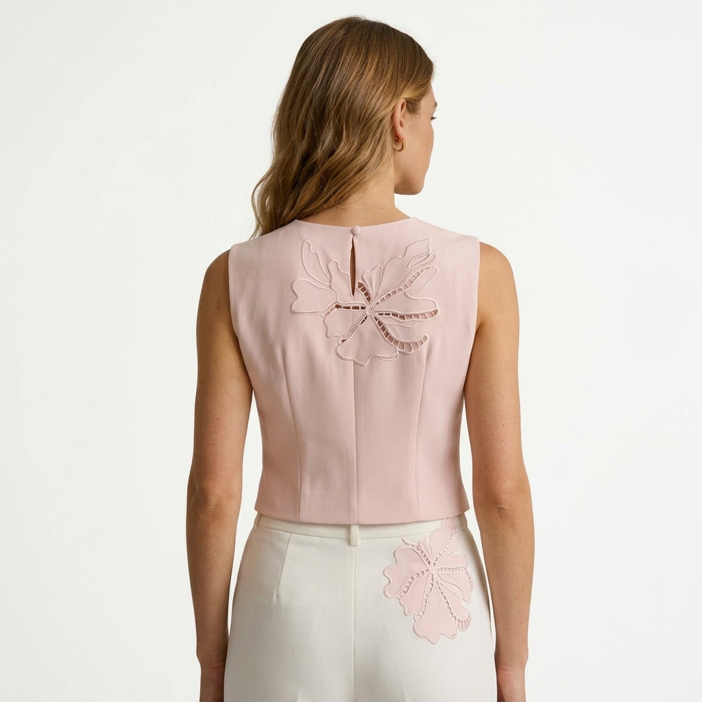 Elegant Yellow Hollow Out Embroidered Vest – Summer Sleeveless Top