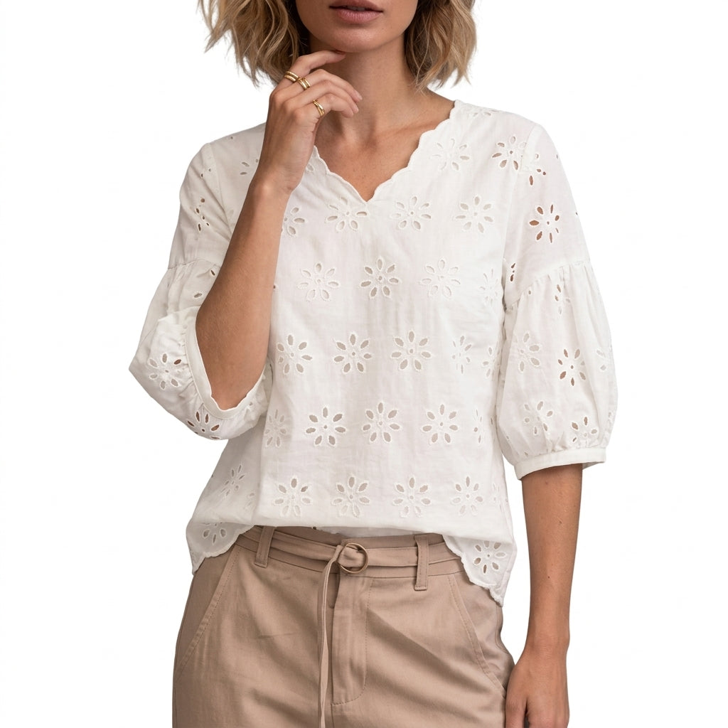 Cotton Eyelet Embroidery Blouse – V-Neck 3/4 Lantern Sleeve Top