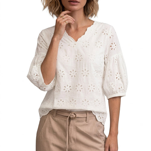 Cotton Eyelet Embroidery Blouse – V-Neck 3/4 Lantern Sleeve Top