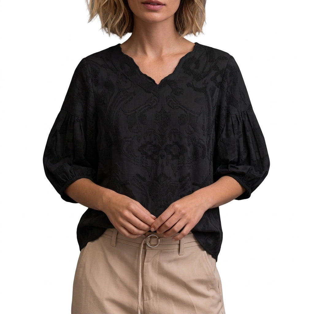 Cotton Eyelet Embroidery Blouse – V-Neck 3/4 Lantern Sleeve Top