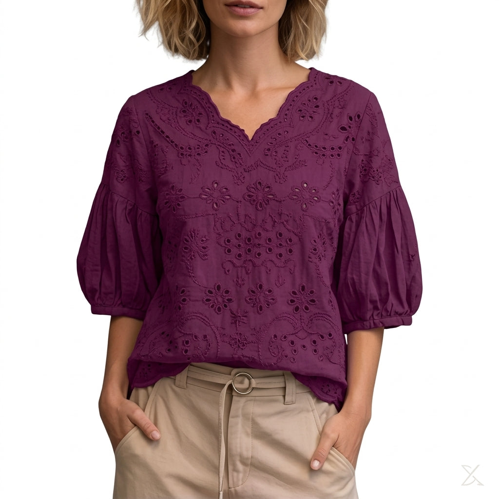 Cotton Eyelet Embroidery Blouse – V-Neck 3/4 Lantern Sleeve Top