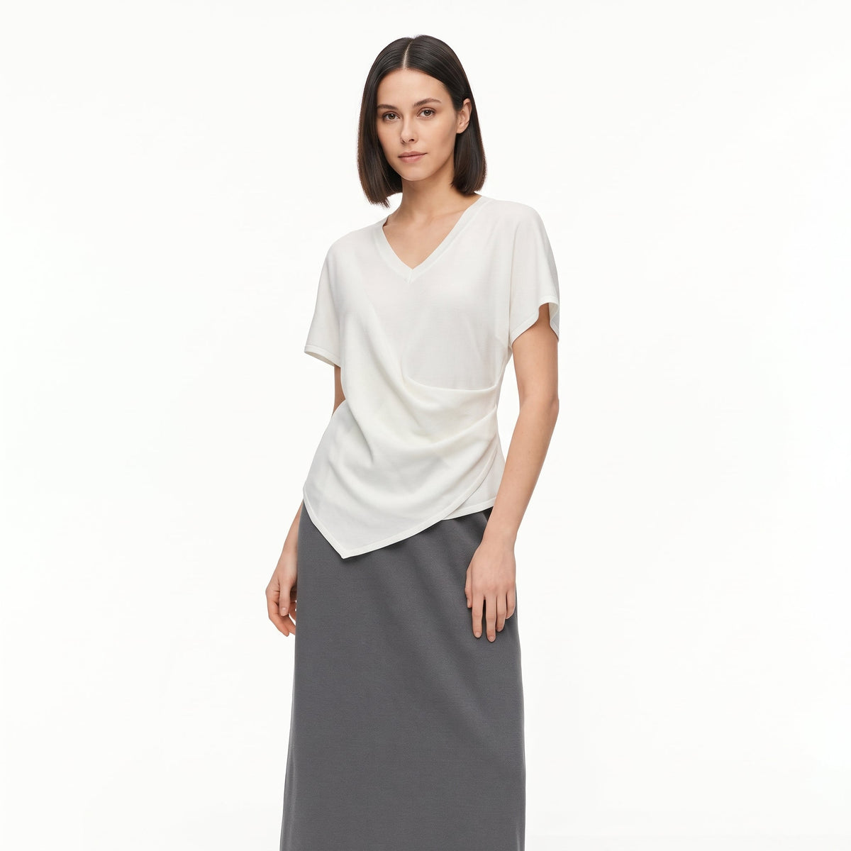 Women's Asymmetrical Pleated V-Neck Short Sleeve Top