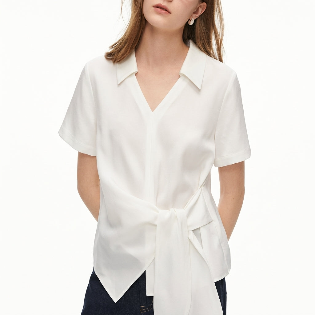 Women's Cotton Asymmetric Tie-Waist Half-Sleeve Top