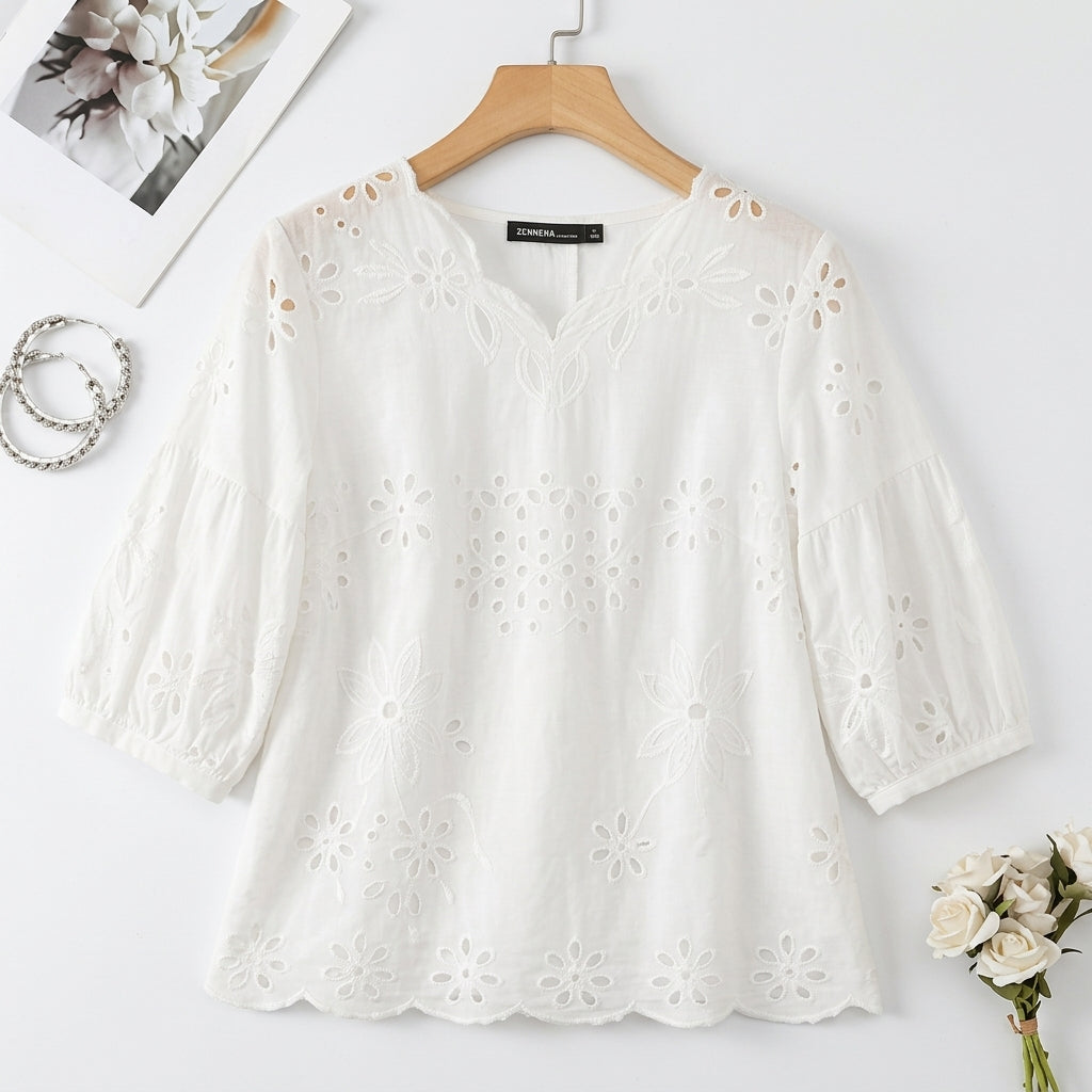 Cotton Eyelet Embroidery Blouse – V-Neck 3/4 Lantern Sleeve Top
