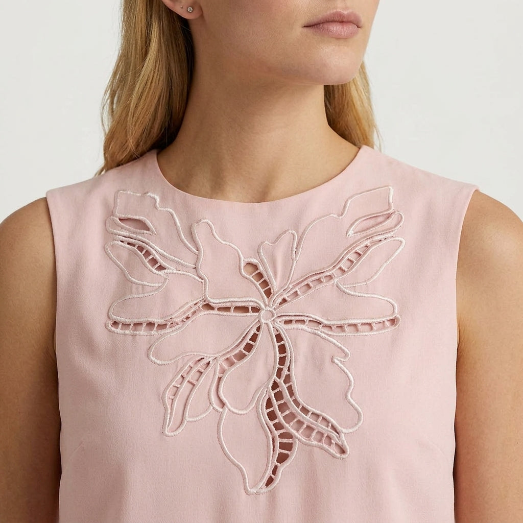 Elegant Yellow Hollow Out Embroidered Vest – Summer Sleeveless Top