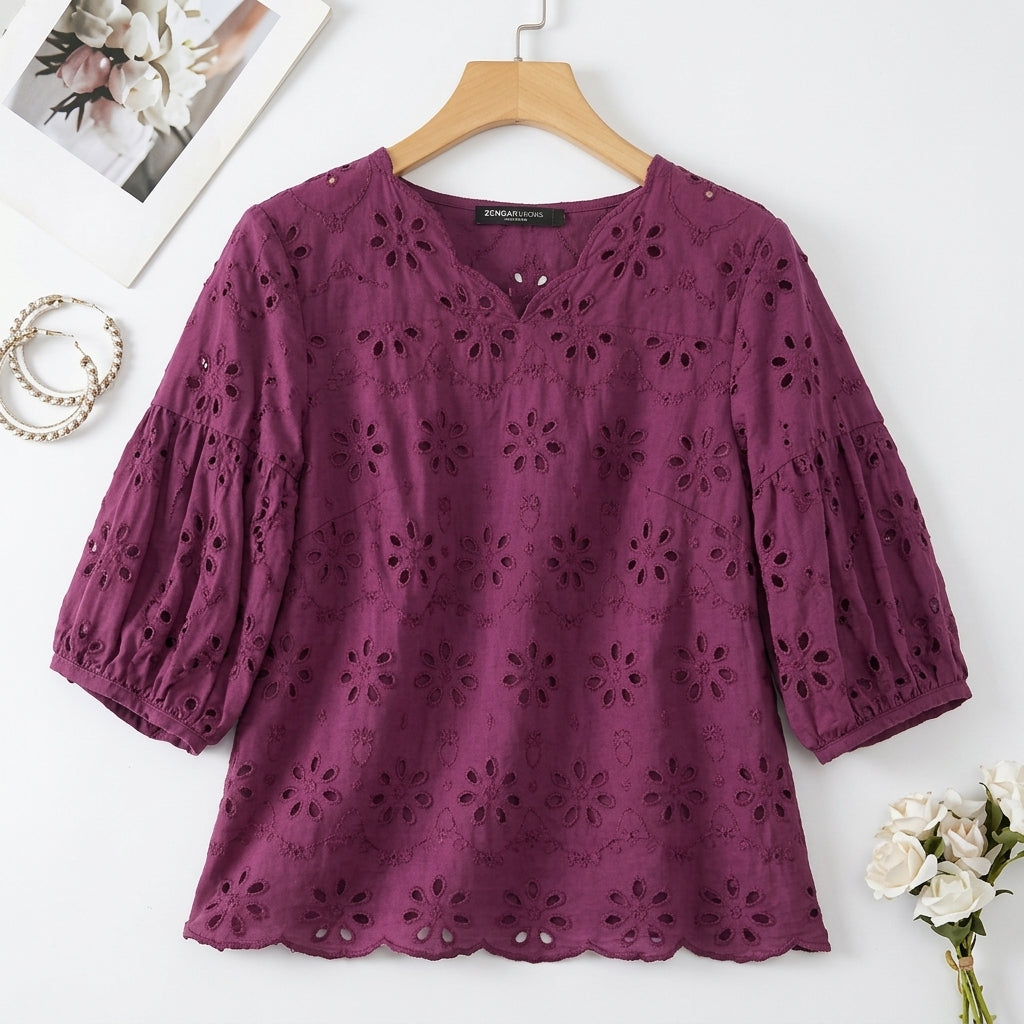 Cotton Eyelet Embroidery Blouse – V-Neck 3/4 Lantern Sleeve Top