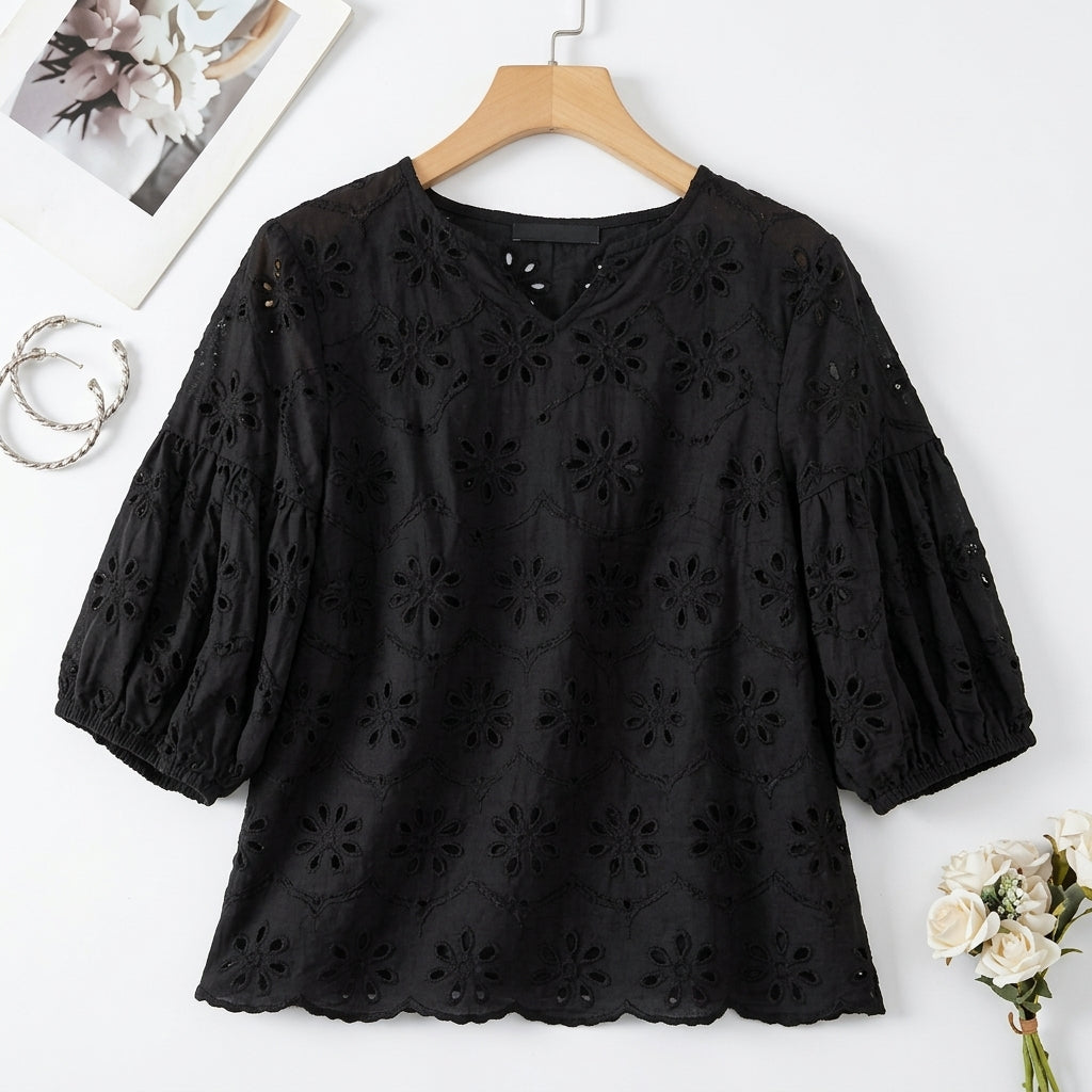 Cotton Eyelet Embroidery Blouse – V-Neck 3/4 Lantern Sleeve Top
