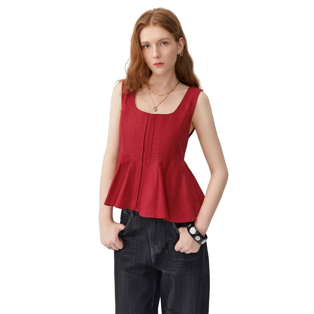 Women's Red Lace Sleeveless Square Neck Blouse