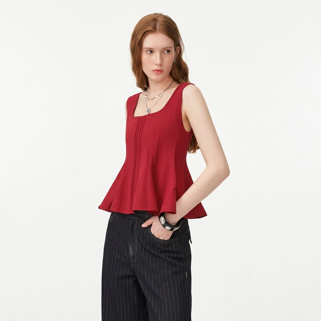 Women's Red Lace Sleeveless Square Neck Blouse